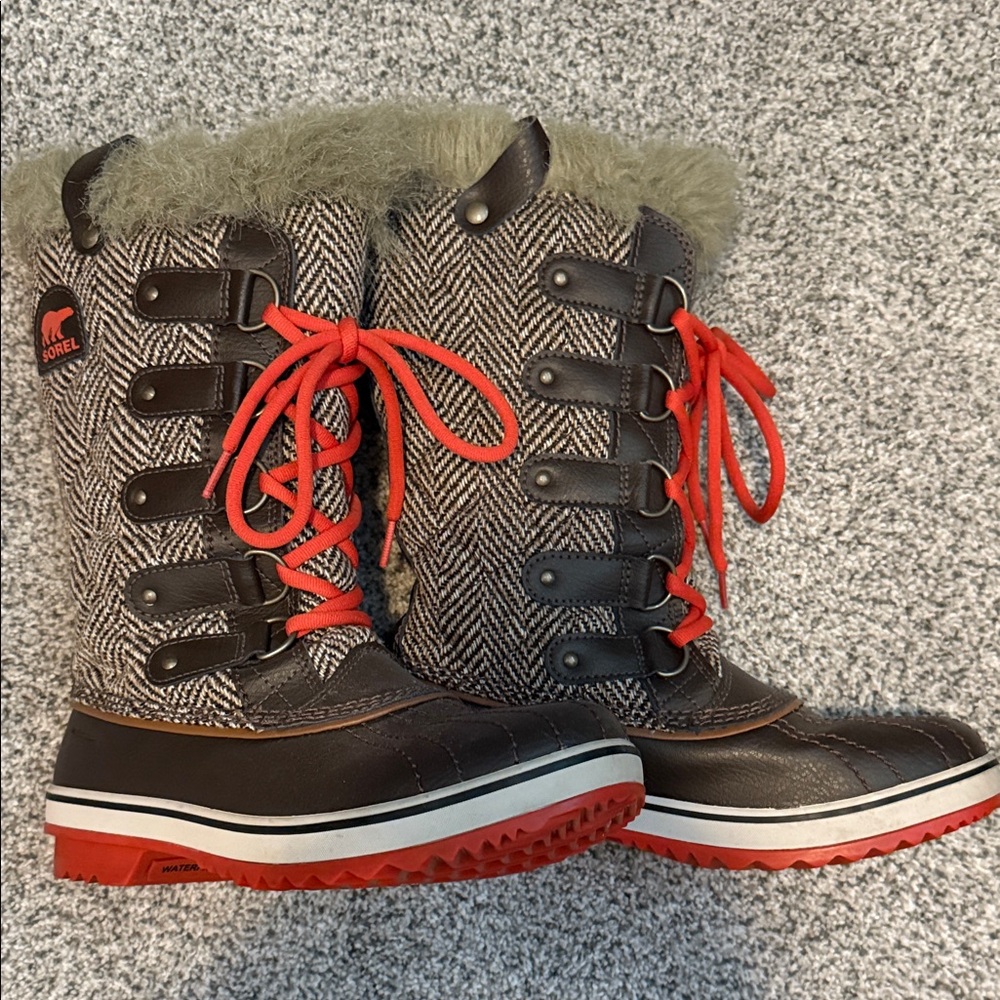 Sorel Herringbone Boots with Red Accents